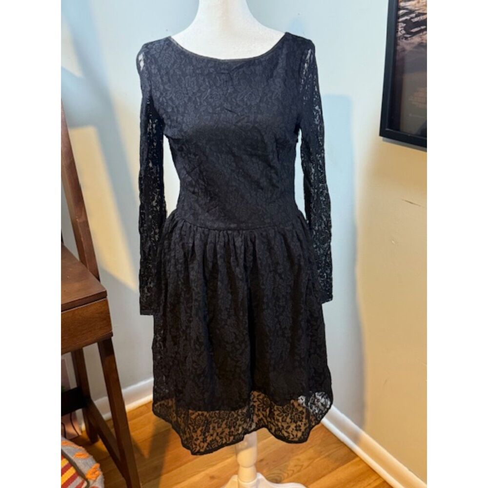 Pink Martini Black Lace Fit & Flare Dress Long Sleeve Cocktail‎ Party S Coquette
